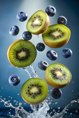 Kiwi slices and blueberries in midair for dynamic and fresh food photography