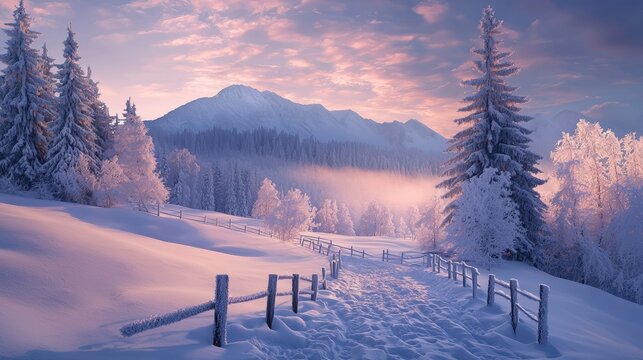 Snowy path through a frosted winter landscape at sunrise.