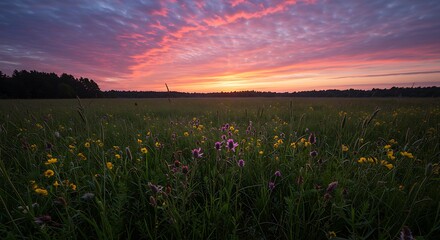 Fototapeta premium Vibrant Sunset Over Flower Meadow Landscape with Stunning Cloud Formations