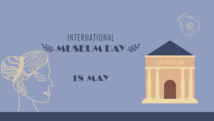 International Museum Day Illustration Template with museum building ornament, ancient woman face outline and vase.