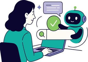 Search concept. Character using artificial intelligence generative tools for searching or browsing internet. Woman integrating with robot. Chatboat,  SEO concept. Vector illustration.