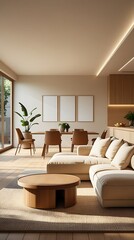 Contemporary open-plan interior featuring a soft beige couch, elegant dining area, wooden accents, houseplants, and serene lighting in a stylish modern apartment


