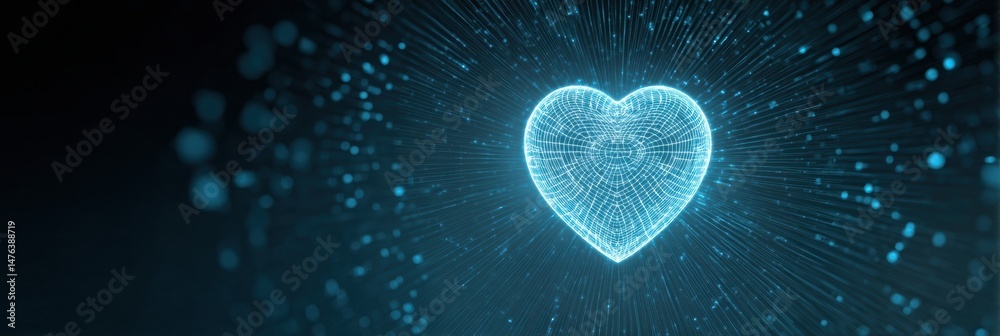 Poster Clean Heart Icon Appears Over a Vibrant Digital Abstract Background Filled With Glowing Particles and Lines at Night