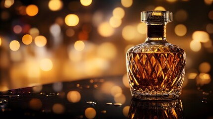 A stunning crystal bottle of exquisite spirit, its amber liquid gleaming under the soft glow of bokeh lights. Capturing the essence of luxury and indulgence.
