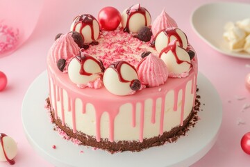 Delicious cake with pink glaze and toppings on a pink background studio shot for bakery or dessert concept