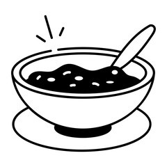 A doodle style icon of soup bowl with spoon 
