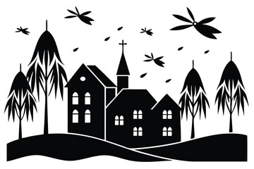 Spooky haunted house in a cartoon vector city illustration at night with moon and trees