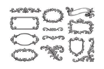 vintage flourish border badge frame set woodcut engraving vector illustration