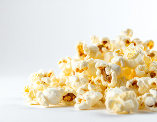 Deliciously popped popcorn arranged in a casual pile against a clean, white background, perfect for snacking or movie nights