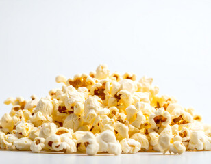 A pile of fluffy popcorn kernels on a light background, perfect for movie nights or snacking, showcasing their light texture and buttery appearance