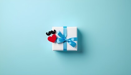 Obraz premium A white gift box with a blue ribbon and a red heart on a light blue background