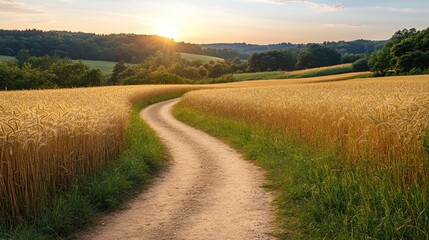 Obraz premium Golden wheat field path at sunset