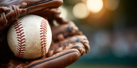 A Well-Worn Leather Baseball Glove Holding a Game Ball Close Up on Defocused Background.