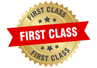 first class. first class round red and gold label isolated on transparent background