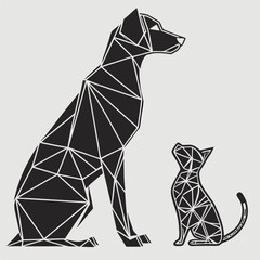 Modern Geometric Dog and Cat Low Poly Silhouette Vector Artwork in Black and White generative ai