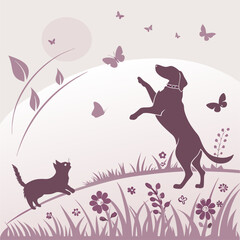 Playful Dog and Cat Silhouettes with Butterflies in Whimsical Purple Garden Vector Illustration generative ai