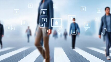 Humanity in the Digital Landscape:  Blurry,  Silhouetted figures walking across a crosswalk in a urban environment.  They're surrounded by digital icons representing individuals. - Powered by Adobe