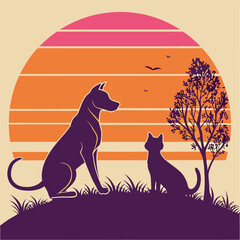 Retro Sunset Dog and Cat Silhouette T-shirt Design with Vintage Orange Gradient Vector Illustration generative ai