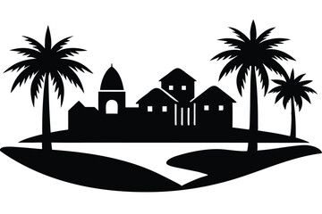 Obraz premium Silhouette of a Desert Village with Palm Trees and Camels – Oasis Scene