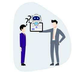 Artificial Intelligence Interactive. Introducing a person to new technologies with the help of a robot. Isometric Vector Illustration Isolated