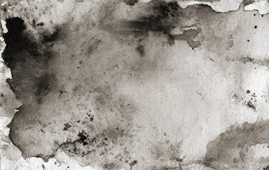 Monochrome black and white ink effect water color illustration. Abstract grunge grey shades watercolor background. Smeared gray aquarelle painted paper textured canvas for design, vintage card. High q