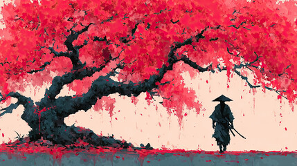 Lone ronin under vibrant red maple tree, abstract watercolor art, tranquil, autumn scene