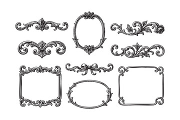 Ornamental frames badge collection set woodcut engraving vector illustration