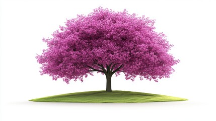 Obraz premium Isolated Pink Blossom Tree on Green Hillock Against White Backdrop Studio Shot Front View Springtime