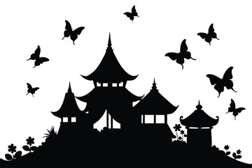 Silhouette Scene of Village Pagodas and Trees – Traditional Cultural Landscape