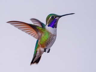 Fototapeta premium Colorful hummingbird in mid-flight showcasing vibrant feathers and stunning iridescence.