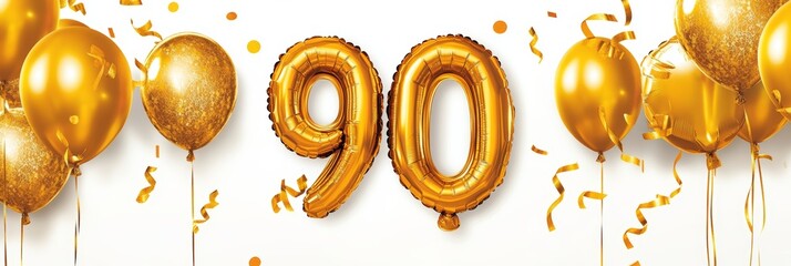 Golden Number 90 Balloons, Celebrating a 90th Birthday or Anniversary with Festive Glamour.