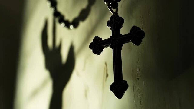 Silhouette of cross and rosary beads with hand shadow. Christian faith symbol. Spiritual video for Good Friday, Easter, or prayer meditation