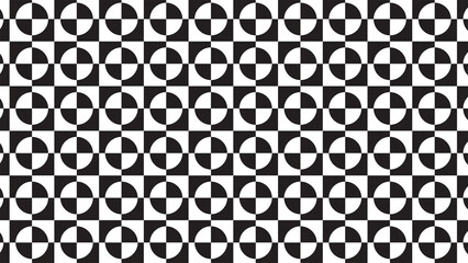 Monochrome optical illusion pattern with bold circular and square shapes. A striking abstract design perfect for modern textiles, digital art or retro decor.