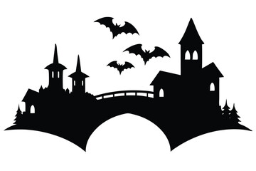 Silhouette Village with Stone Bridges and Trees – Monoline Rural Scene