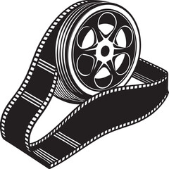 Stylized entertainment industry artwork showing movie equipment and theater stage in clean silhouette style.