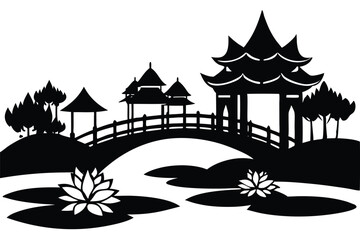 Village with Bridges, Pagodas, and Large Lotus Ponds Illustration
