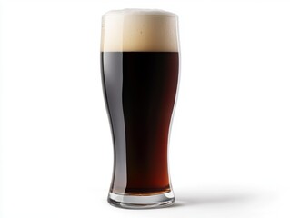Dark beer in tall glass on white background studio shot showcasing rich color and creamy foam head perfect for pubs