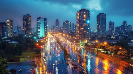 Obraz premium Rainy night cityscape with highway