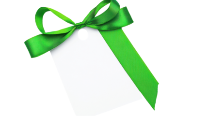 Blank White Tag with Green Bow Ribbon for Gifts or Decorations on Transparent Background