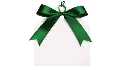 Blank White Gift Tag with Green Ribbon Bow on a Transparent Background for Custom Labeling