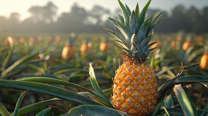 Obraz premium Pineapple field, morning light, tropical produce.