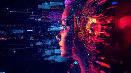 AI identity interface Futuristic portrait with vibrant digital effects. future tech profile, digital character layout.