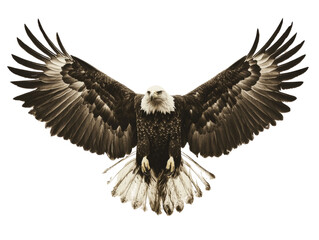Obraz premium Majestic bald eagle in flight, wings spread wide against an isolated transparent space, symbol of freedom and power