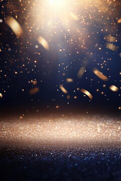 Golden Confetti Falling on Glittering Surface Background in Vertical Format for Celebration and Festive Occasions