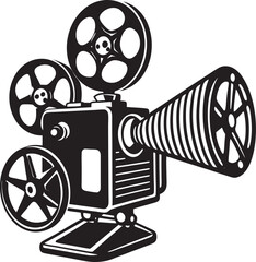 Stylized entertainment industry artwork showing movie equipment and theater stage in clean silhouette style.