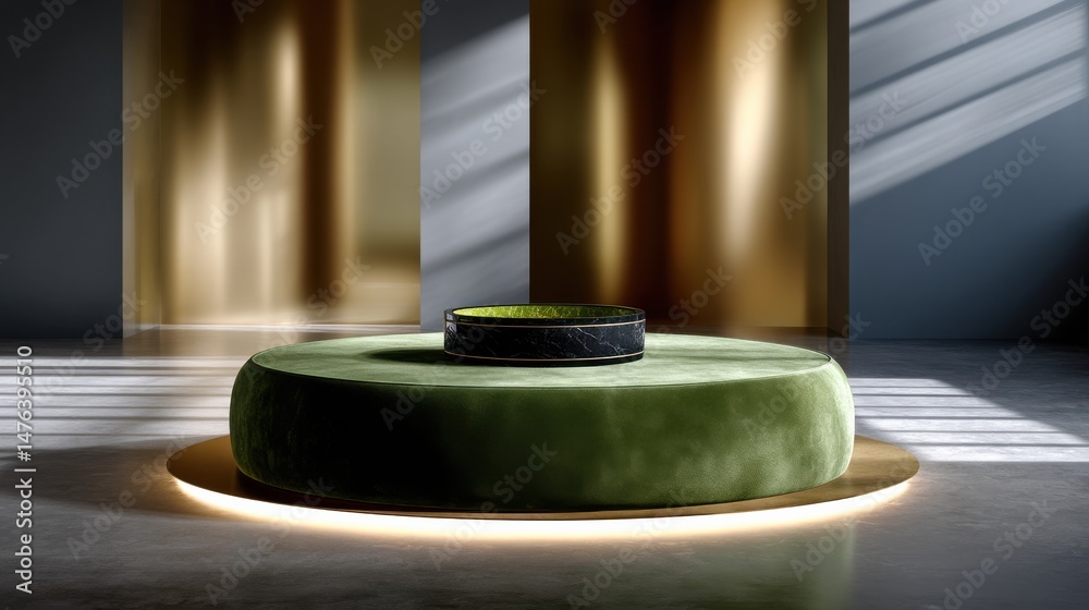 Poster A green round table with a vase on top of it