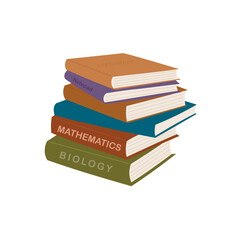Cute colorful collection of books school library. Set of different stacks and piles of books. Educational theme, scientific and fiction literature. open illustration on white background