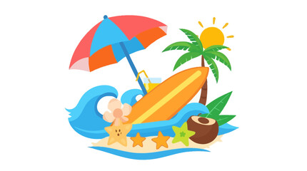 Summer Beach Vacation Surfboard Palm Tree Umbrella Ocean Waves Tropical Paradise Sunny Day Fun Colorful Illustration Design Graphic Art Image Perfect for Summer Holiday Travel Tourism Promotion       