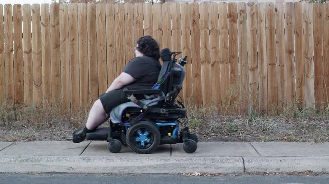 Muscular Dystrophy adolecsent dog walking with mom along fence in profile