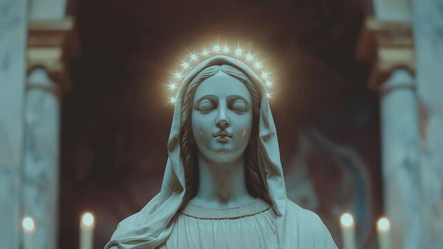Statue of Virgin Mary with glowing halo in church. Catholic faith symbol. Devotional scene for Immaculate Conception, Assumption of Mary, Marian feast.